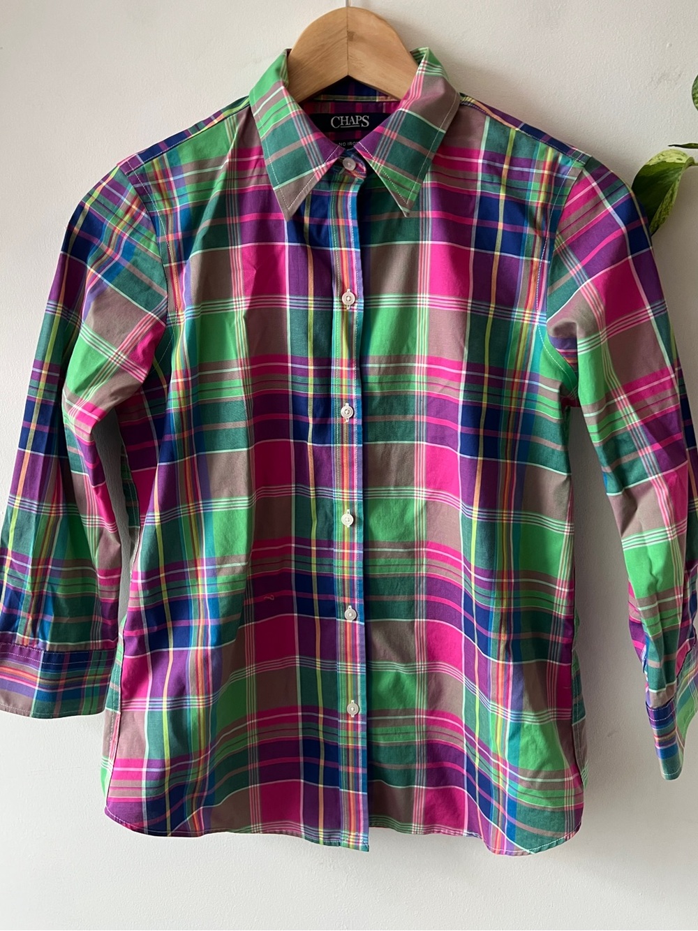 Chaps No Iron Plaid Button Up 3/4 Sleeve Top